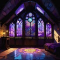 Round room with stained glass in an ancient medieval castle, large beautiful stained glass windows with purple light,