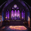 Round room with stained glass in an ancient medieval castle, large beautiful stained glass windows with purple light,