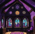 Round room with stained glass in an ancient medieval castle, large beautiful stained glass windows with purple light,