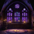 Round room with stained glass in an ancient medieval castle, large beautiful stained glass windows with purple light,