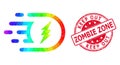 Round Rubber Keep out Zombie Zone Badge With Vector Triangle Filled Electric Power Icon with Spectrum Gradient