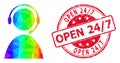 Round Rubber Open 24/7 Badge with Vector Triangle Filled Call Center Operator Icon with Spectrum Gradient