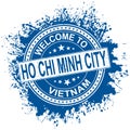 Round rubber stamp with city name Ho Chi Minh and stars, isolated on white