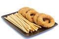 Round rusks and bread sticks Royalty Free Stock Photo