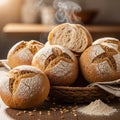 Round, rustic bread rolls with a cross pattern on top rest in a woven basket. Each roll Royalty Free Stock Photo