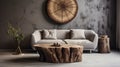 Round rustic loveseat sofa and stump side table near wall with beautiful and unique wooden cut decor. Interior design
