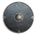 Round rustic metal shield covered by scales isolated 3d illustration