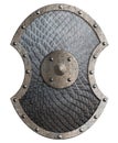 Round rustic metal shield covered by scales isolated 3d illustration