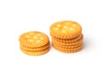 Round salted cracker cookies stacked isolated on white background