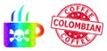 Round Scratched Coffee Colombian Badge With Vector Polygonal Poison Tea Icon with Rainbow Gradient