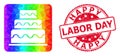 Round Scratched Happy Labor Day Badge with Vector Triangle Filled Cake Icon with Rainbow Gradient