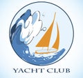 Round sea motive.Yacht club emblem.Orange yacht and big wave