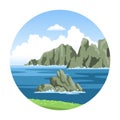 Round seascape with rocky cliffs. Simple hand-drawn vector illustration. Ocean view