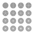 Round section graph. Pie diagram template. Gray circle chart. Circular structure divided into pieces. Set schemes