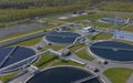 Round sedimentation tanks. Aerial view of the wastewater treatment plant