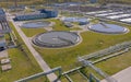 Round sedimentation tanks. Aerial view of the wastewater treatment plant