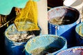 Several live fish in big drum buckets for sell at Thailand fish market.