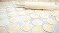 Round shape of the dough and rolling pin Royalty Free Stock Photo