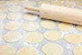 Round shape of the dough and rolling pin Royalty Free Stock Photo