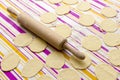 Round shape of the dough and rolling pin with flour Royalty Free Stock Photo