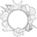 Round shape frame from hand drawn spiral sea shells and starfish Royalty Free Stock Photo