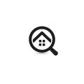 Round shape home rent search app logo. Real estate agency house logotype. Black and white building and magnifying glass