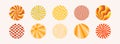 round shape stickers with funny groovy patterns. Colorful abstract circles with trendy retro style wave, chess, swirl