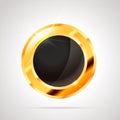 Round shaped bright glossy golden badge icon with black inner on white Royalty Free Stock Photo