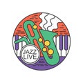 Round emblem for jazz live concert. Music festival. Logo with saxophone and piano keys. Abstract line art with colorful