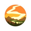 Round-shaped emblem of landscape with beautiful sunset, pine forest, river and mountains. Natural environment icon. Wild Royalty Free Stock Photo