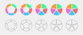 Round shapes cut in six equal parts. Donut charts set. Infographic wheels divided in 6 multicolored and graphic sections