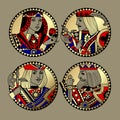 Round shapes with faces of playing cards characters