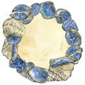 Round shell frame with stars and sand. Watercolor illustration.