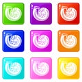 Round shell icons set 9 color collection