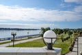 Round shiny lantern close-up. Bright summer day in the Strelka of Yaroslavl