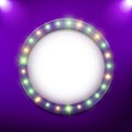 Round shiny retro billboard frame with neon led lights, holiday, Mardi Gras, vector illustration