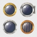 Round ship window. Metallic spaceship or submarinas illuminator transparent hole futuristic rocket industry safe doors