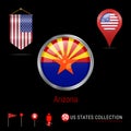 Round Chrome Vector Badge with Arizona US State Flag. Pennant Flag of USA. Map Pointer - USA. Map Navigation Icons Royalty Free Stock Photo