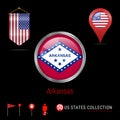 Round Chrome Vector Badge with Arkansas US State Flag. Pennant Flag of USA. Map Pointer - USA. Map Navigation Icons Royalty Free Stock Photo