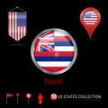Round Chrome Vector Badge with Hawaii US State Flag. Pennant Flag of USA. Map Pointer - USA. Map Navigation Icons