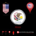 Round Chrome Vector Badge with Illinois US State Flag. Pennant Flag of USA. Map Pointer - USA. Map Navigation Icons