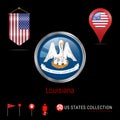 Round Chrome Vector Badge with Louisiana US State Flag. Pennant Flag of USA. Map Pointer - USA. Map Navigation Icons Royalty Free Stock Photo