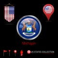 Round Chrome Vector Badge with Michigan US State Flag. Pennant Flag of USA. Map Pointer - USA. Map Navigation Icons Royalty Free Stock Photo