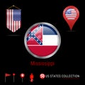 Round Chrome Vector Badge with Mississippi US State Flag. Pennant Flag of USA. Map Pointer - USA. Map Navigation Icons Royalty Free Stock Photo