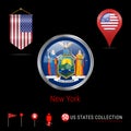 Round Chrome Vector Badge with New York US State Flag. Pennant Flag of USA. Map Pointer - USA. Map Navigation Icons Royalty Free Stock Photo