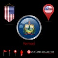 Round Chrome Vector Badge with Vermont US State Flag. Pennant Flag of USA. Map Pointer - USA. Map Navigation Icons Royalty Free Stock Photo