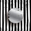 Round silver stamp vector illustration. Glittering metallic circle on striped black background. Shining grunge element