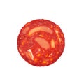 Round slice of seasoned raw Spanish salami, isolate