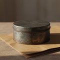A round, slightly weathered tin container with a textured, aged surface rests on two Royalty Free Stock Photo