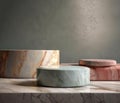 Round smooth marble podium for elegant presentations closeup. Empty space on natural rock stone for mockup template. Generative AI